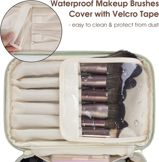 Makeup Bag, Travel Make up Organizer Cosmetic Brush Bags Case for Women in Vegan Leather, Sage Green(Patent Pending)