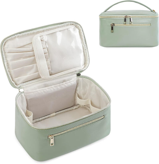 Makeup Bag, Travel Make up Organizer Cosmetic Brush Bags Case for Women in Vegan Leather, Sage Green(Patent Pending)